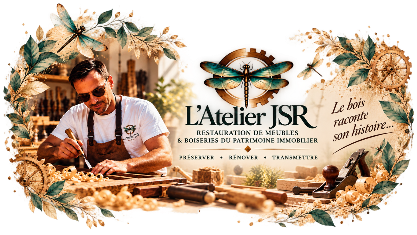 Illustration de L'Atelier JSR : artisan travaillant le bois au ciseau, avec meubles, escalier, parquet et volets