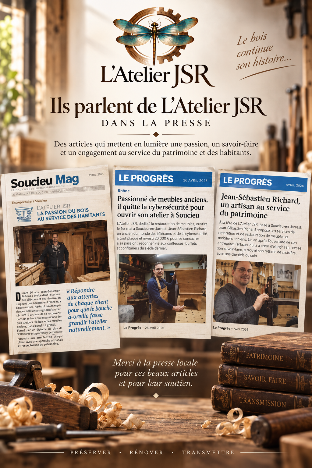Revue de presse de L'Atelier JSR : articles de Soucieu Mag et du Progrès consacrés à Jean-Sébastien RICHARD et à son activité artisanale