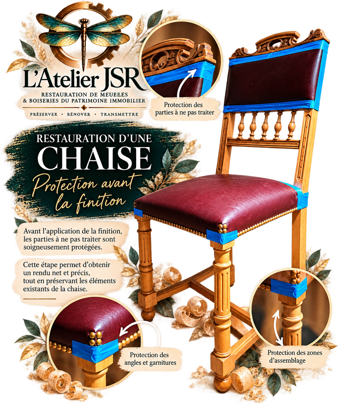 Restauration d'une chaise, mise en protection avant finition par L'Atelier JSR